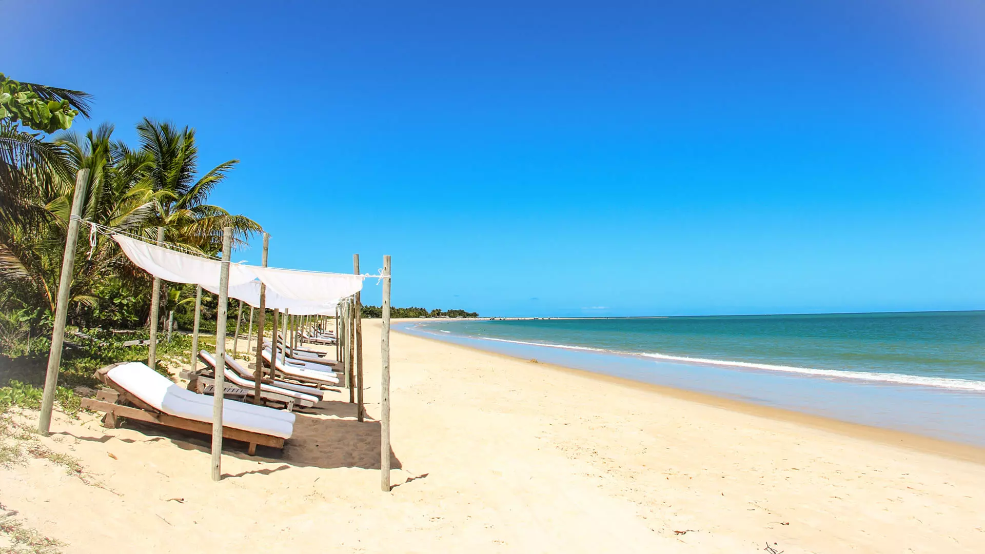 Espreguiçadeiras sob toldos de tecido na praia vazia, com céu azul e mar calmo, sugerindo Carnaval tranquilo.